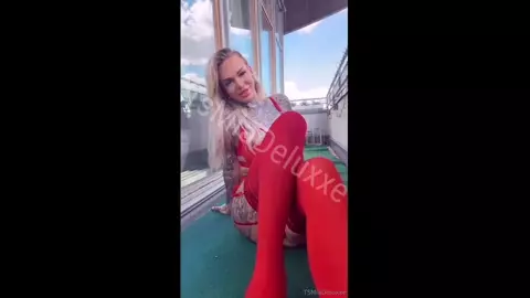 Busty Blonde Tattoed Trans MiaDeluxxe Short Balcony Masturbation